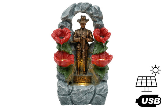 Solar/USB Anzac Soldier Poppy Water Fountain 40x29.5x64.5cm