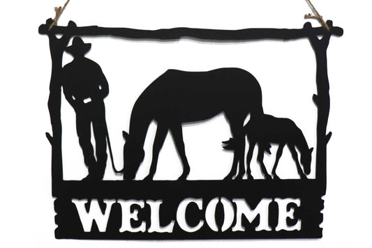 Metal Wall Art Cowboy Horse Welcome 36x49.5cm