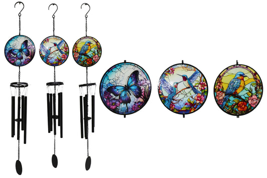 Metal Wind Chime Mosaic Print Butterfly/Humming Bird 89cm 3 Asstd