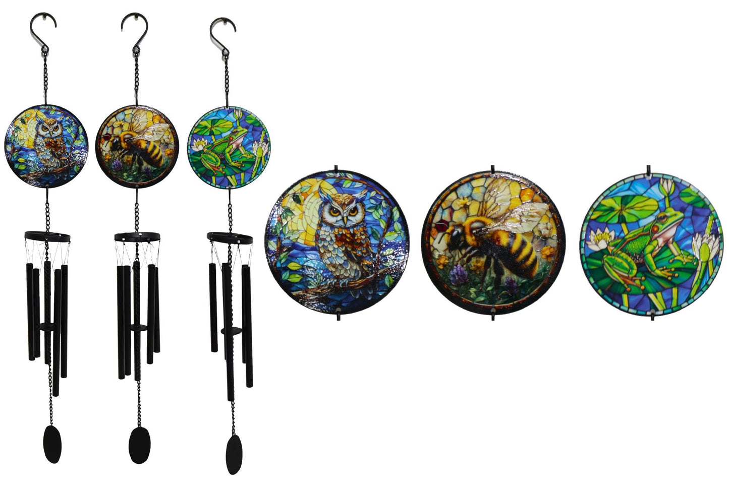 Metal Wind Chime Mosaic Print Frog/Owl/Bee 89cm 3 Asstd