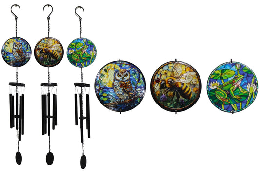 Metal Wind Chime Mosaic Print Frog/Owl/Bee 89cm 3 Asstd