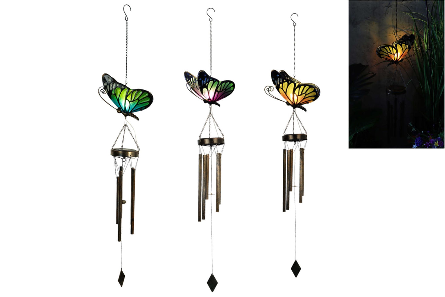 Metal Wind Chime Glass Butterfly w/Solar Light 105cm 3 Asstd