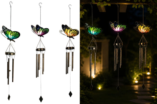 Metal Wind Chime Glass Butterfly w/Solar Light 105cm 3 Asstd