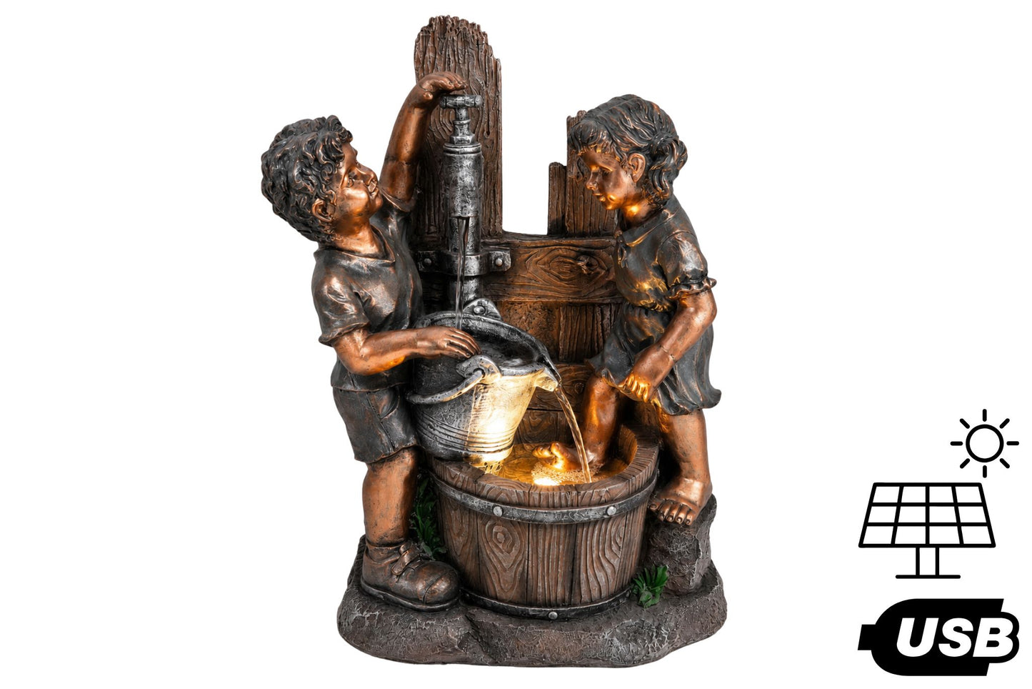 Solar/USB Children at the Water Pump Fountain 47.5x28x60cm