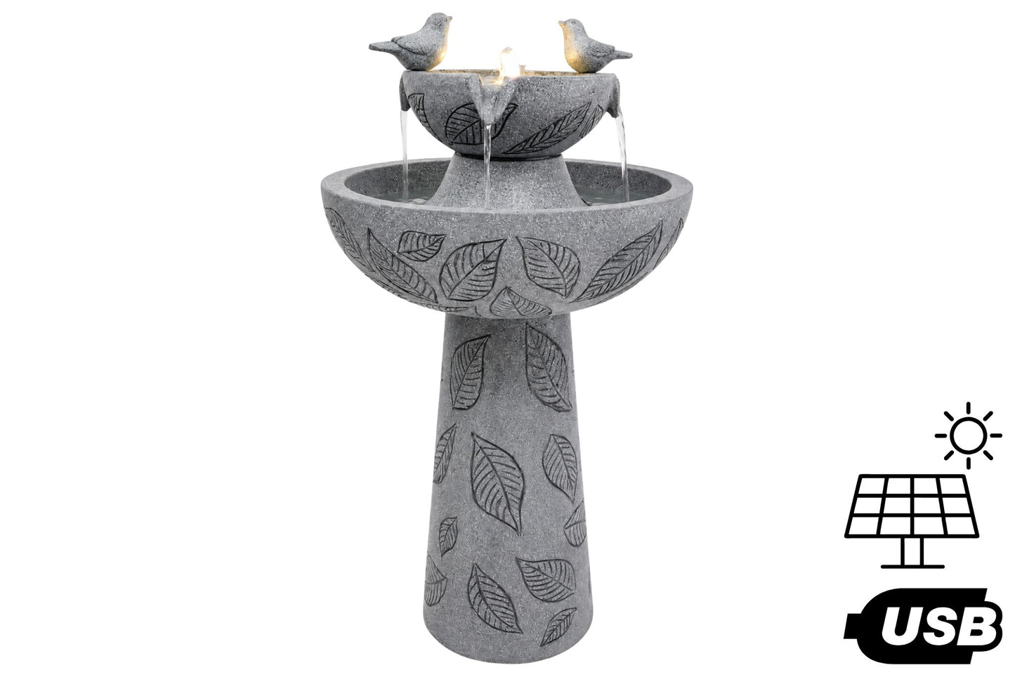 Solar/USB Bird & Leaf Two-Tier Water Fountain 37x37x66cm