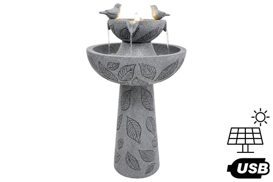 Solar/USB Bird & Leaf Two-Tier Water Fountain 37x37x66cm