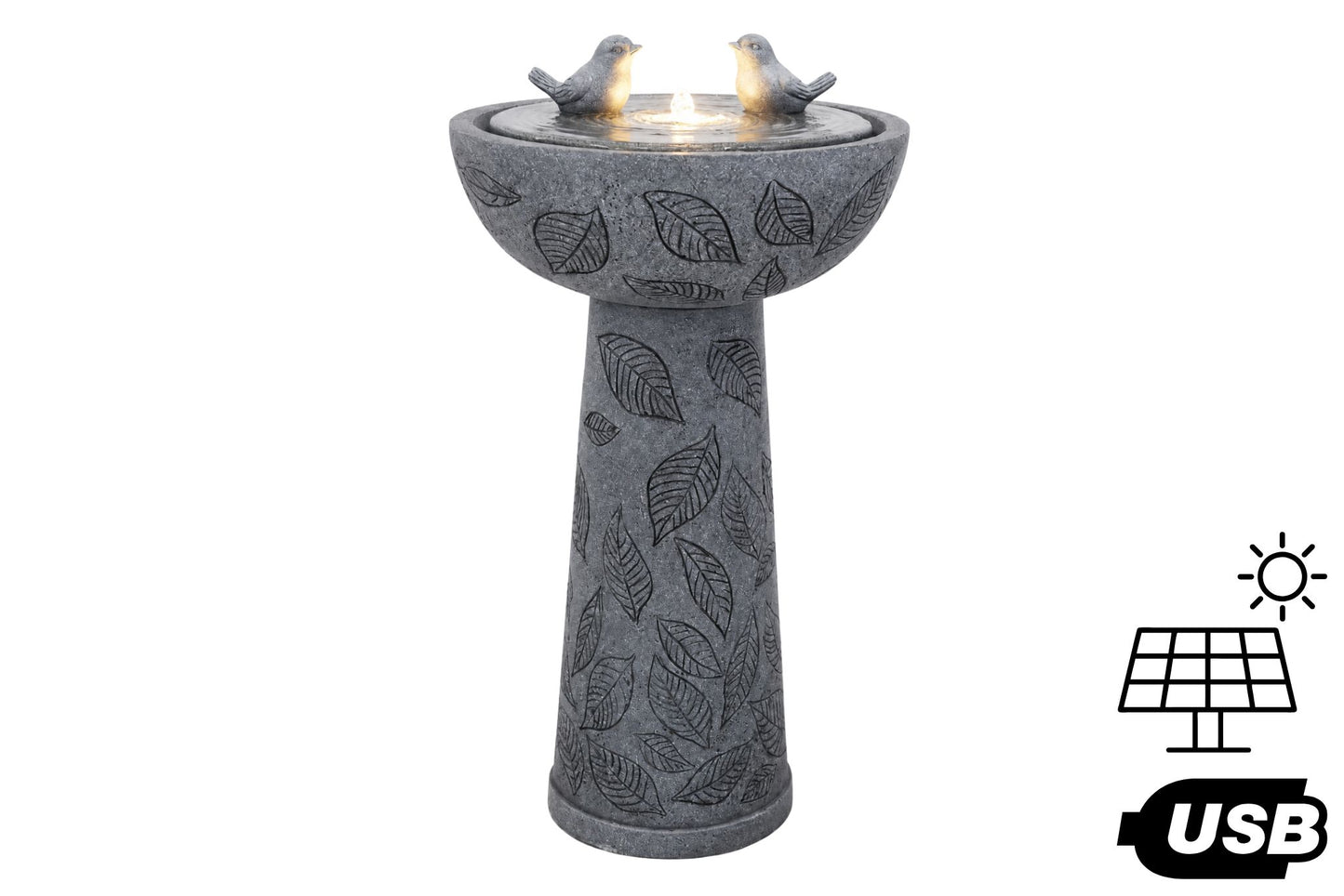 Solar/USB Bird & Leaf Pedestal Water Fountain 40.5x40.5x70cm