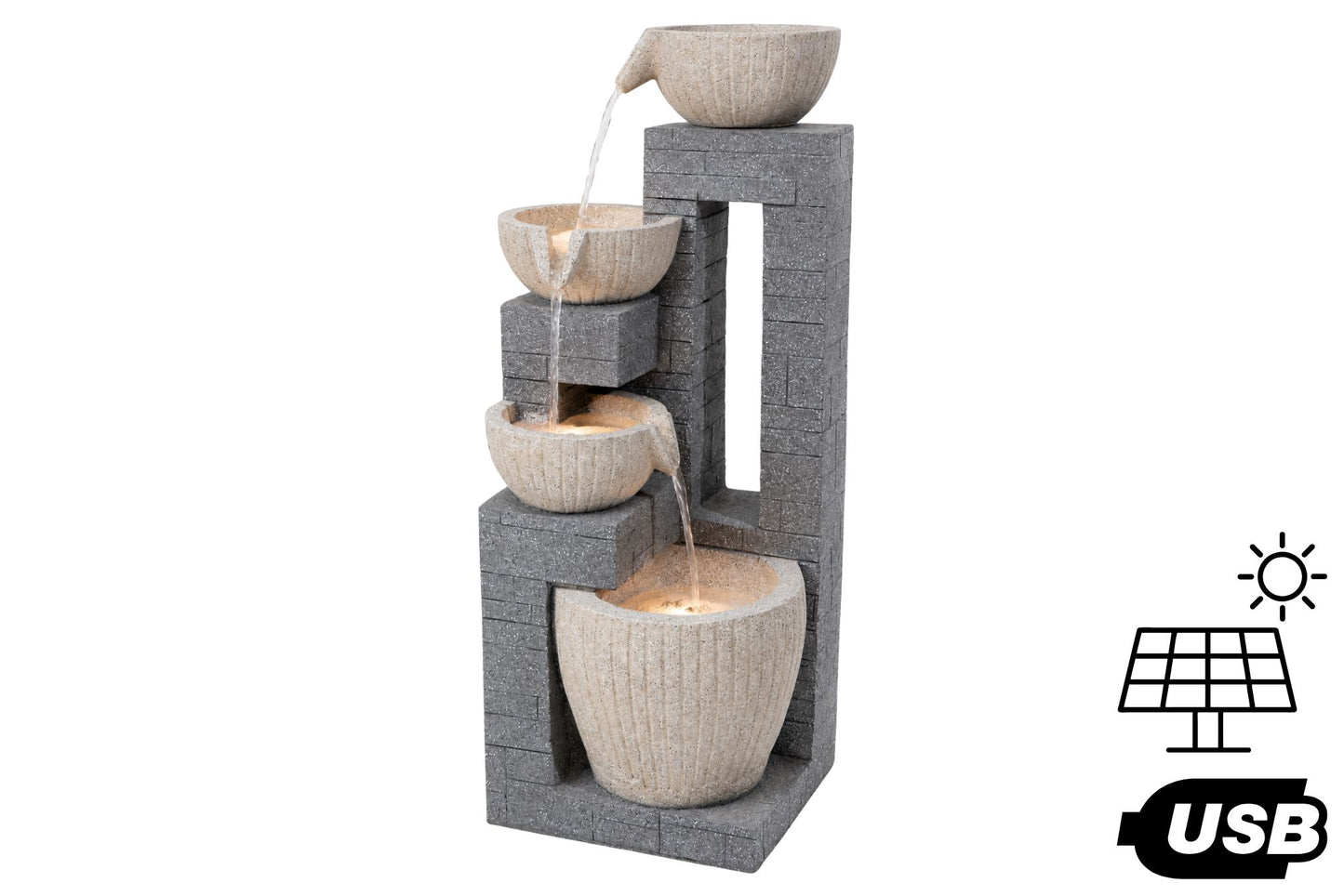 Solar/USB Four-Tier Cascading Bowl Water Fountain White 31.5x29x80cm