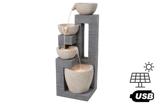 Solar/USB Four-Tier Cascading Bowl Water Fountain White 31.5x29x80cm