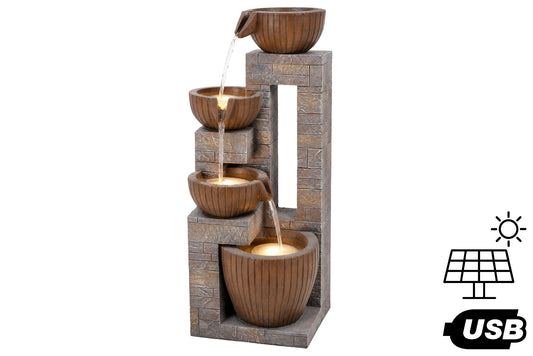 Solar/USB Four-Tier Cascading Water Fountain Brown 31.5x29x80cm