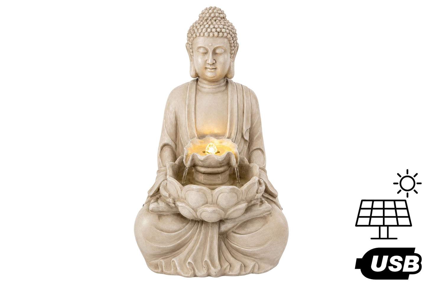 Solar/USB Illuminated Buddha Lotus Water Fountain 27.5x23x48cm