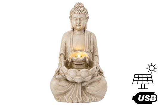 Solar/USB Illuminated Buddha Lotus Water Fountain 27.5x23x48cm