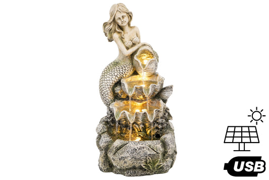 Solar/USB Mermaid Shell Cascading Water Fountain 28x28x56cm
