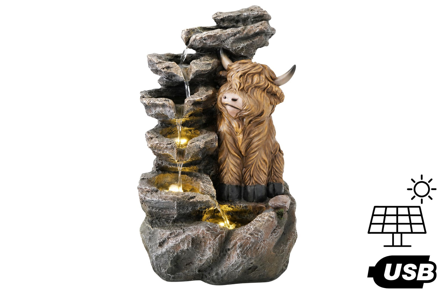Solar/USB Highland Cow Cascading Water Fountain 30x27.5x48cm