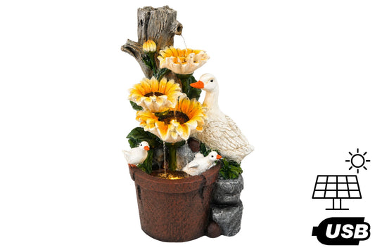 Solar/USB Duck & Sunflower Cascading Water Fountain 29.2x25x48.5cm