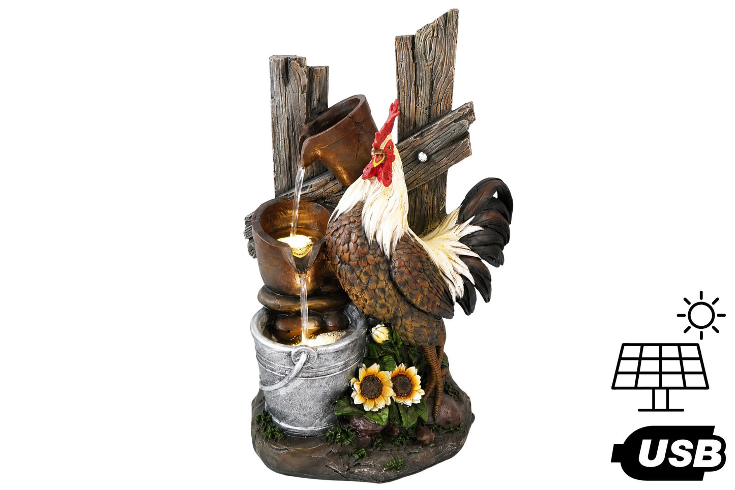 Solar/USB Rooster & Rustic Pots Cascading Water Fountain 35x22x50cm