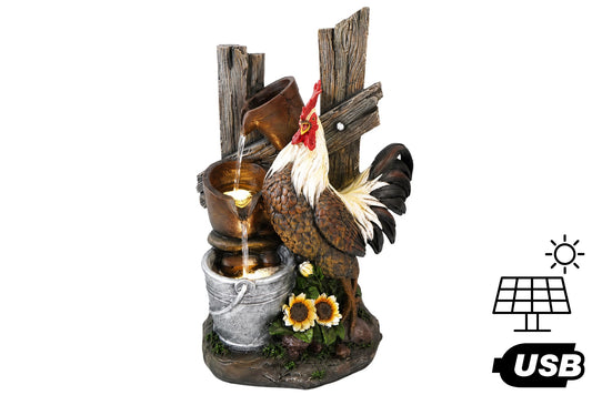 Solar/USB Rooster & Rustic Pots Cascading Water Fountain 35x22x50cm