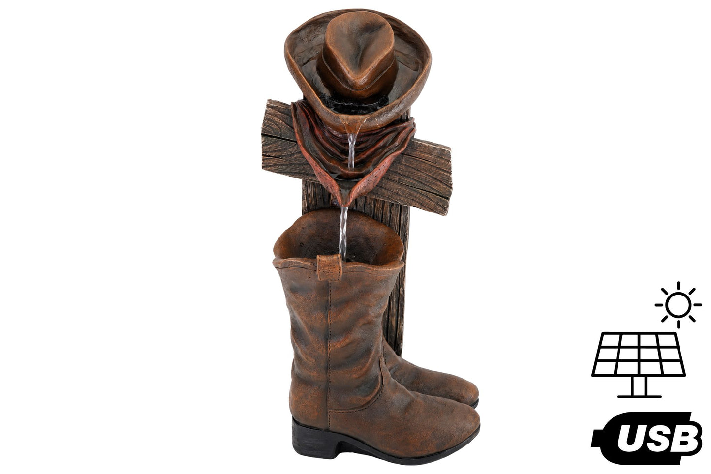 Solar/USB Cowboy Hat & Boots Cascading Water Fountain 32x26x60cm