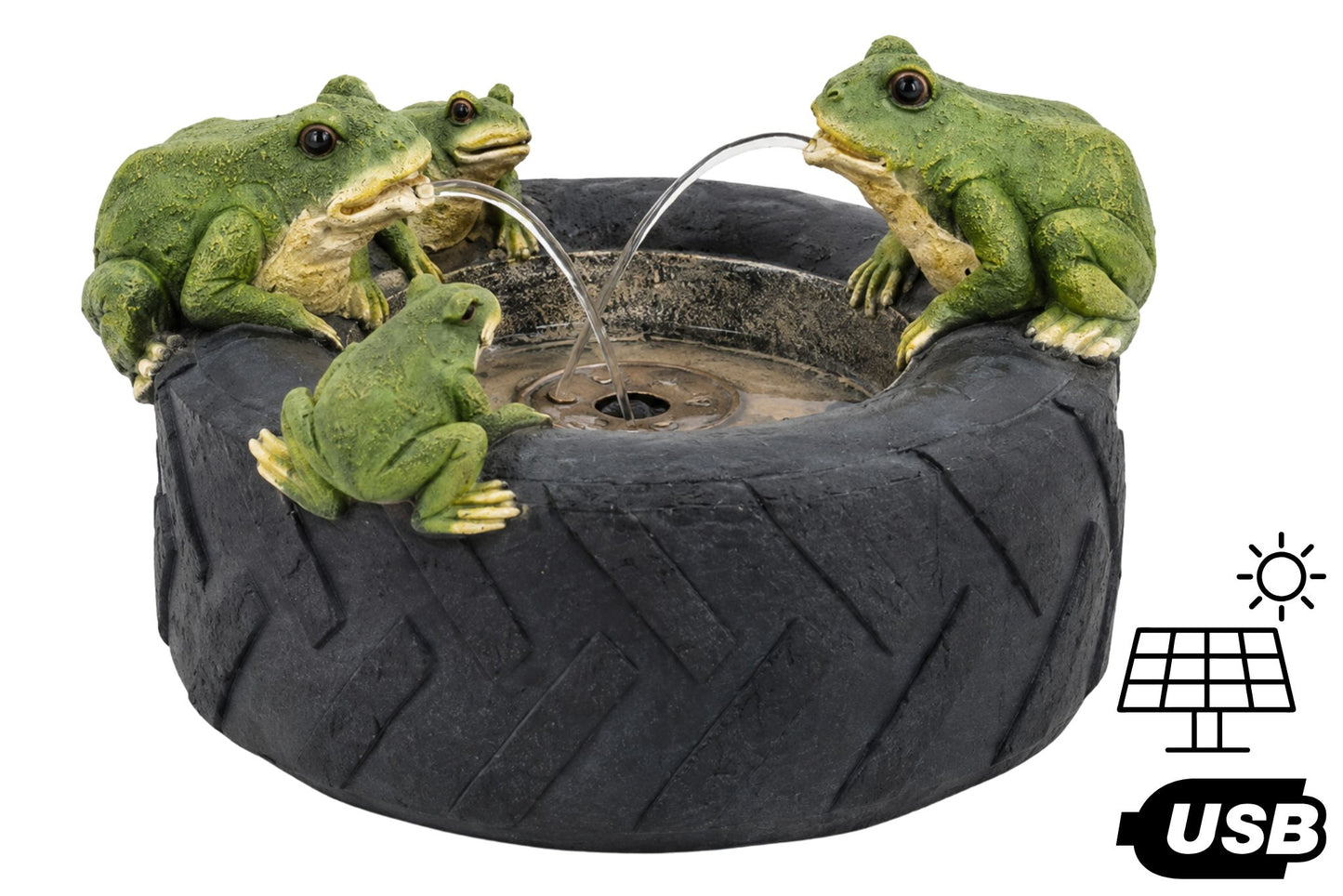 Solar/USB Four Frogs Tyre Pond Water Fountain 43x40x26cm