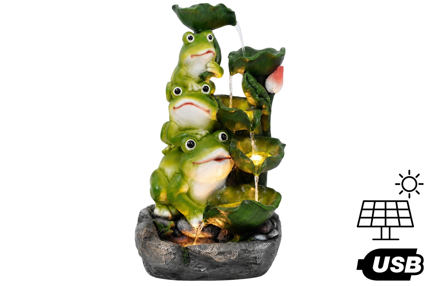 Solar/USB Three Frogs Lotus Leaf Cascade Water Fountain 43.5x37.5x71cm