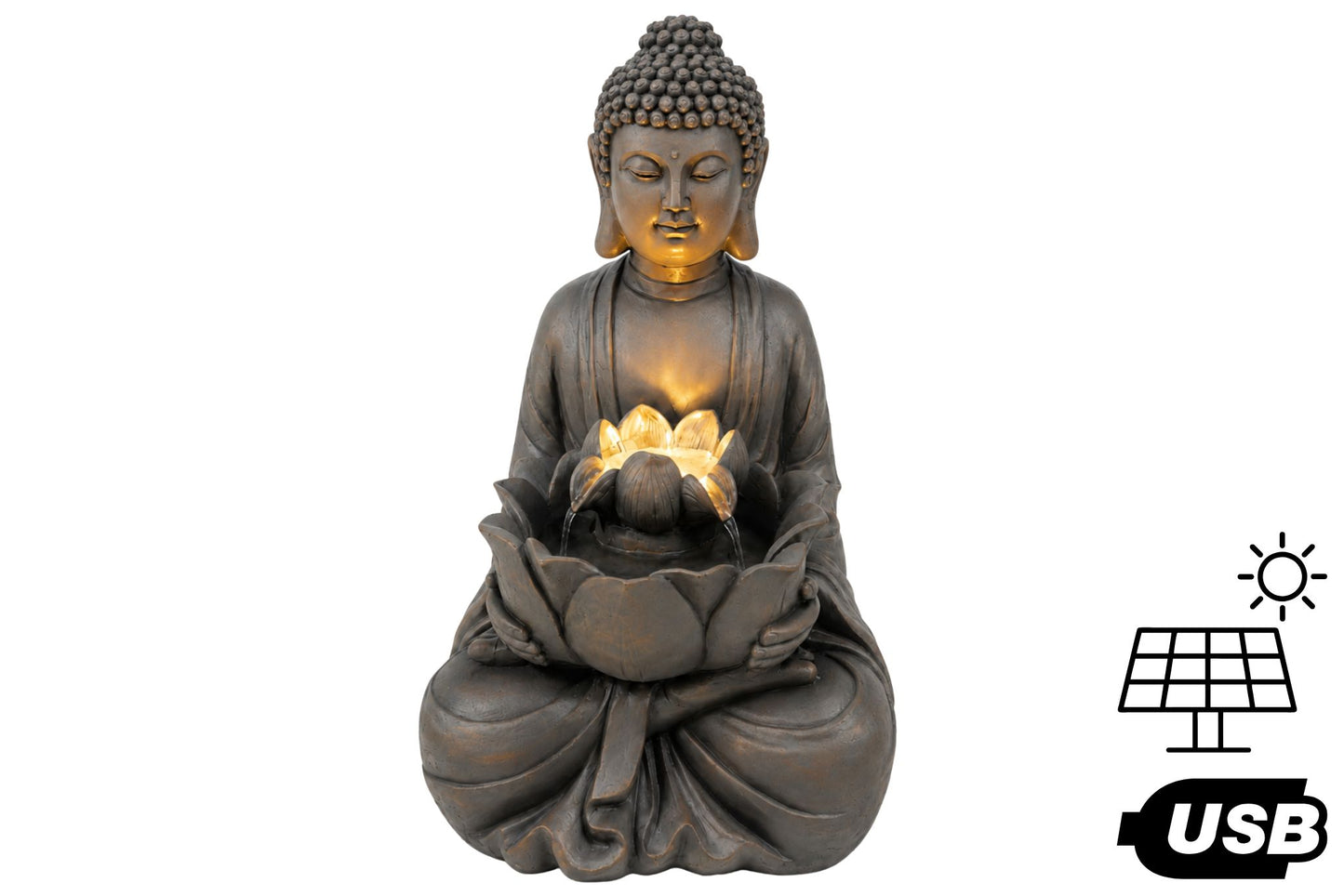 Solar/USB Bronze Buddha Lotus Bowl Water Fountain 40x39.5x73cm