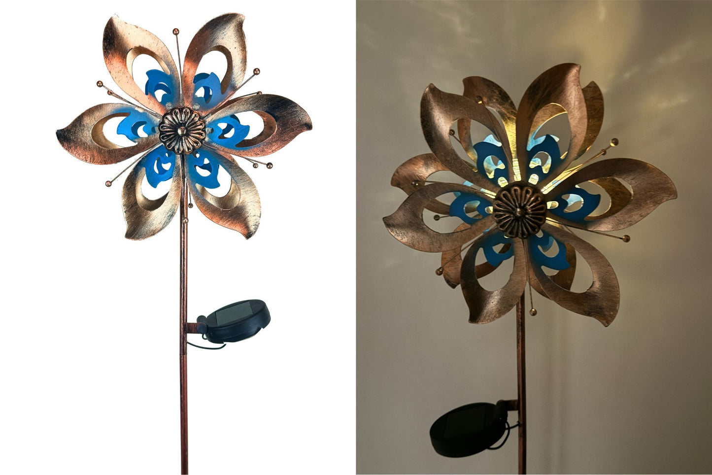 Metal Garden Spinner Blue Copper w/Solar Light 90x24cm