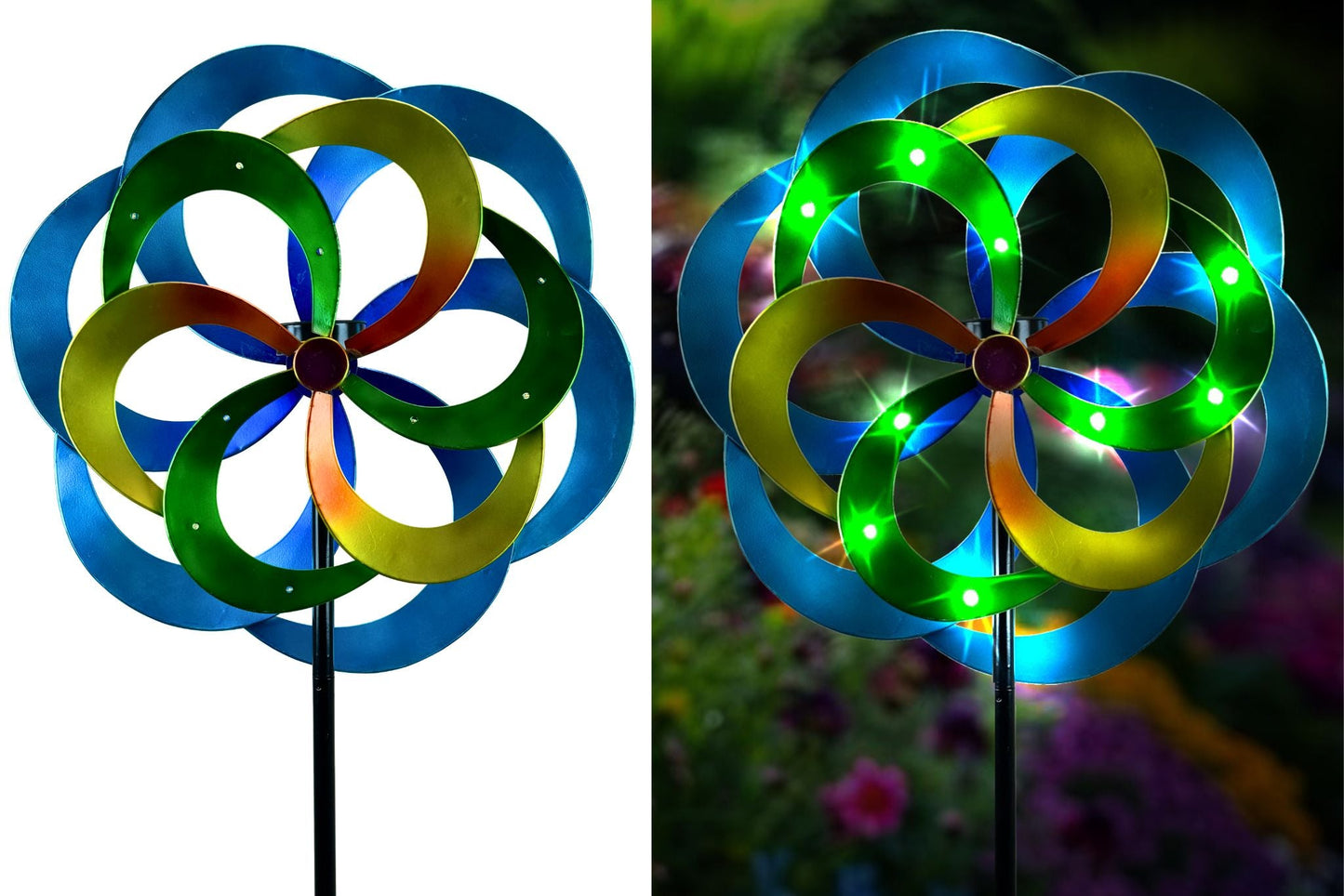 Metal Garden Spinner Colorful Double Spinner Stake w/Solar Lights 170x48cm