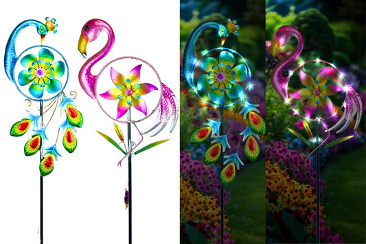 Wind Spinner Stake w/Solar Flaming Light Flamingo/Peacock 102x25cm 2 Asstd