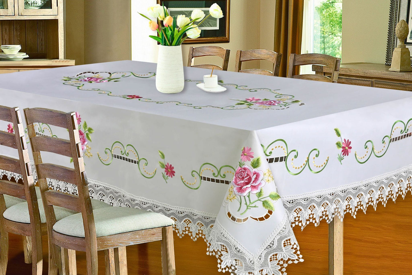 Embroidered Table Cloth 220x150cm Rect. Rose