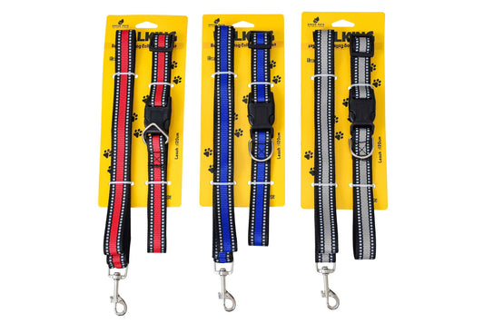 Reflective Nylon Dog Collar & Leash Set 2.5x45cm/2.5cm x 1.2m 3 Asstd