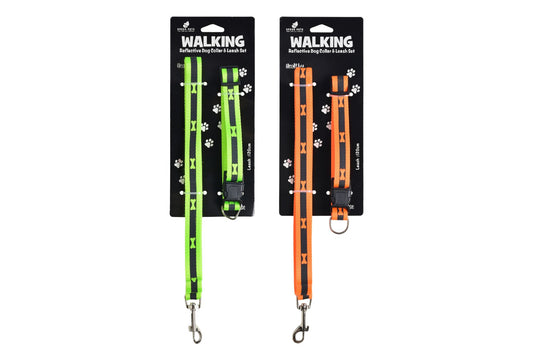 Neon Reflective Nylon Dog Collar & Leash Set 2.0cm x 1.2m 2 Asstd