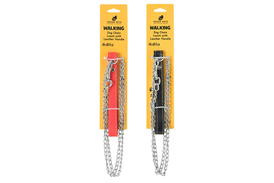Dog Chain Leash w/Faux Leather Handle 2.0x2.0cm x 1.2m 2 Asstd