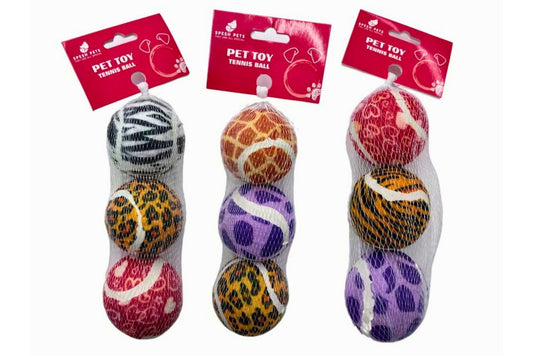 Pet Toy Tennis Ball 6.3cm Pk3 Print 3 Asstd