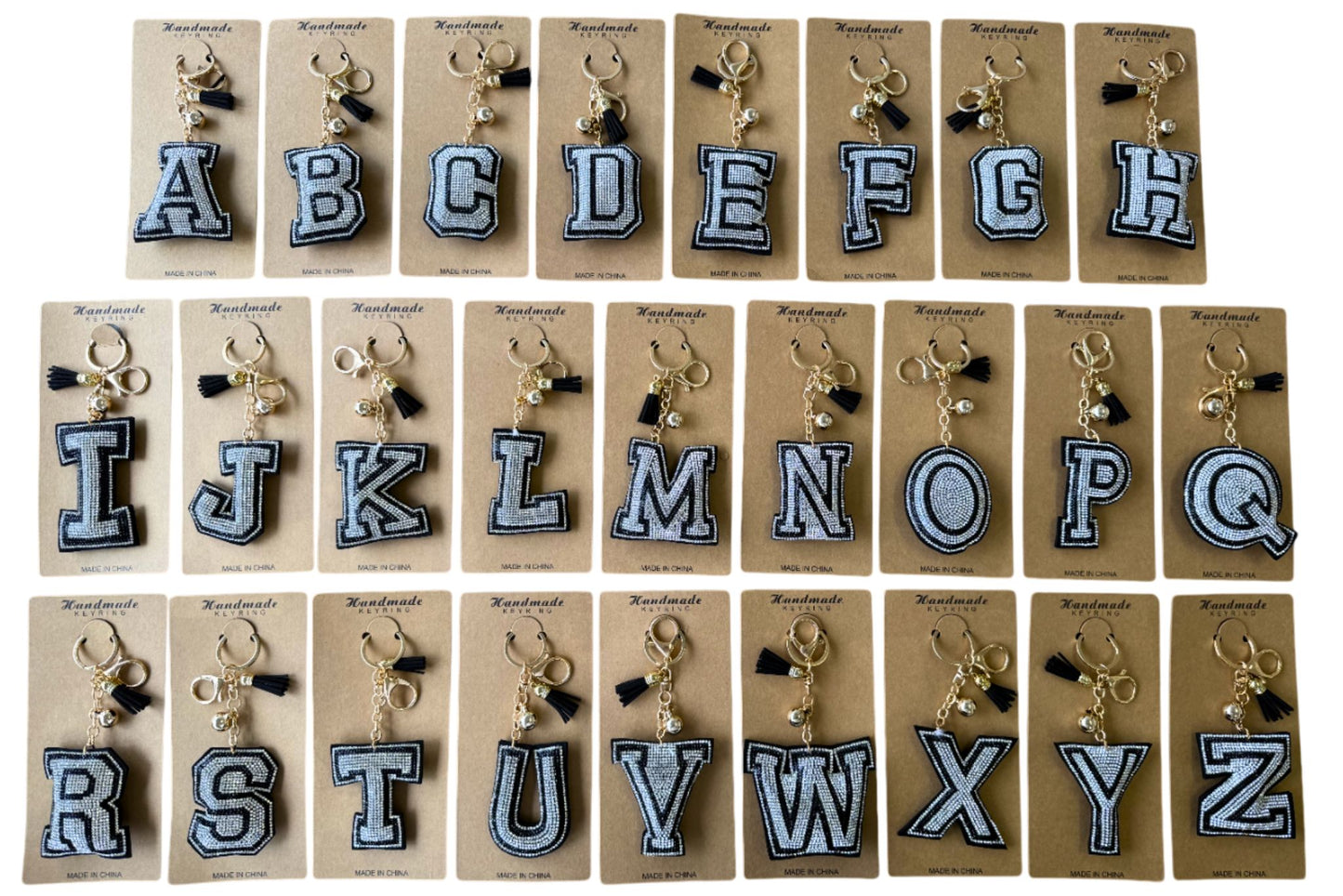 Sparkling Keychains - Alphabet B&W 26 Asstd