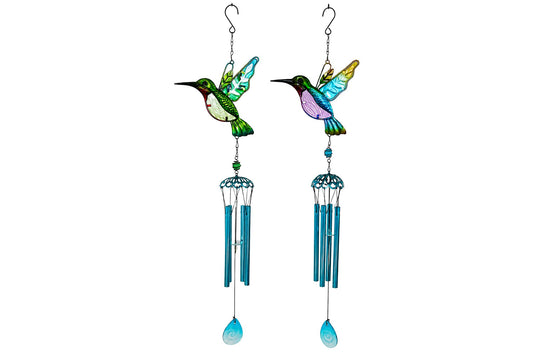 Metal & Glass Wind Chime Hummingbird 70cm 2 Asstd