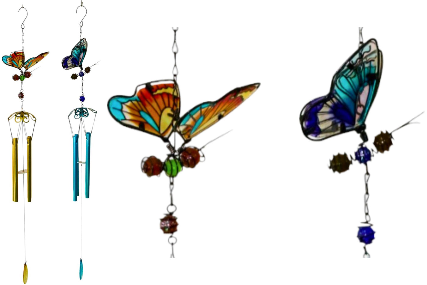 Metal & Glass Wind Chime Moving Butterfly 72cm 2 Asstd