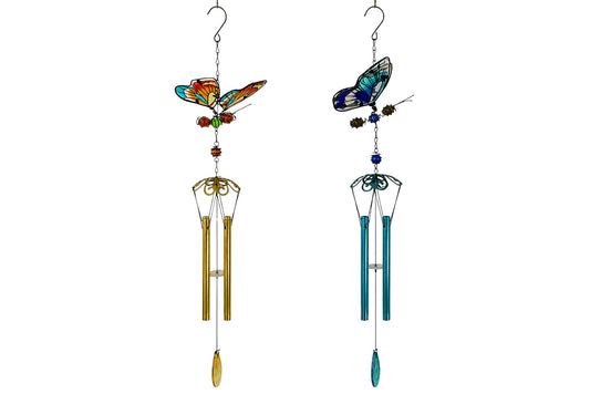 Metal & Glass Wind Chime Moving Butterfly 72cm 2 Asstd