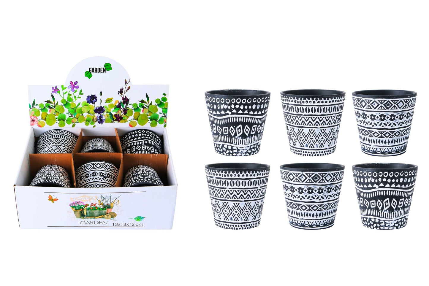 Ceramic Flowerpot B&W Theme 12.5x12cm 3 Asstd PDQ