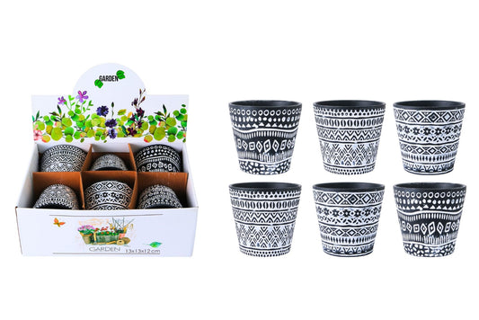 Ceramic Flowerpot B&W Theme 12.5x12cm 3 Asstd PDQ