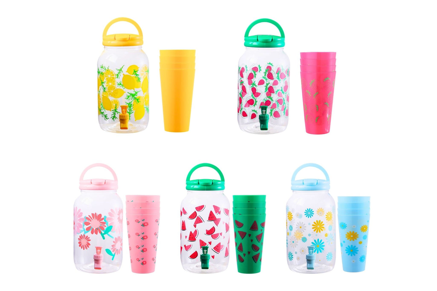 Water Jug w/Tap & 4 Cups Set 3.8L 5 Asstd