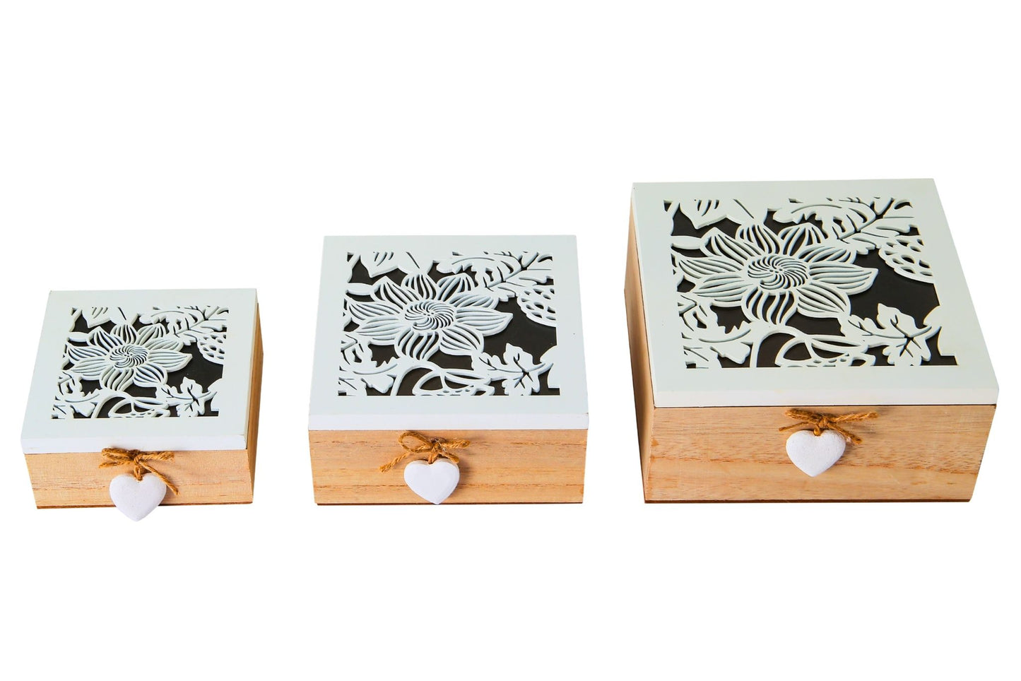 Flower Design Box w/Glass Lid Set of 3 18x18x8.5cm/15x15x7cm/12x12x5.7cm