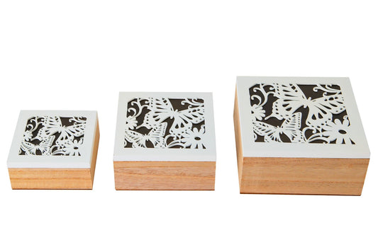 Butterfly Design Box w/Glass Lid Set of 3 18x18x8.5cm/15x15x7cm/12x12x5.7cm