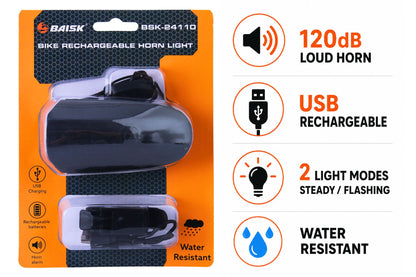 Bike Horn Light Rechargeable USB Steady/Flashing
