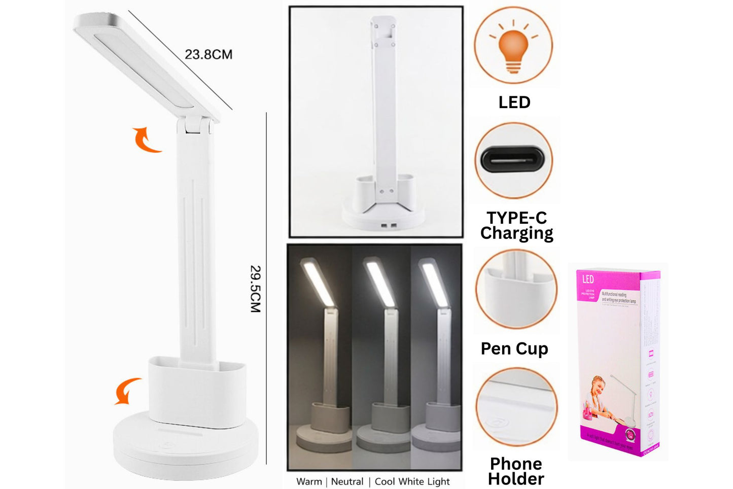 Rechargeable Desk Lamp Adj Angle 28x23cm White