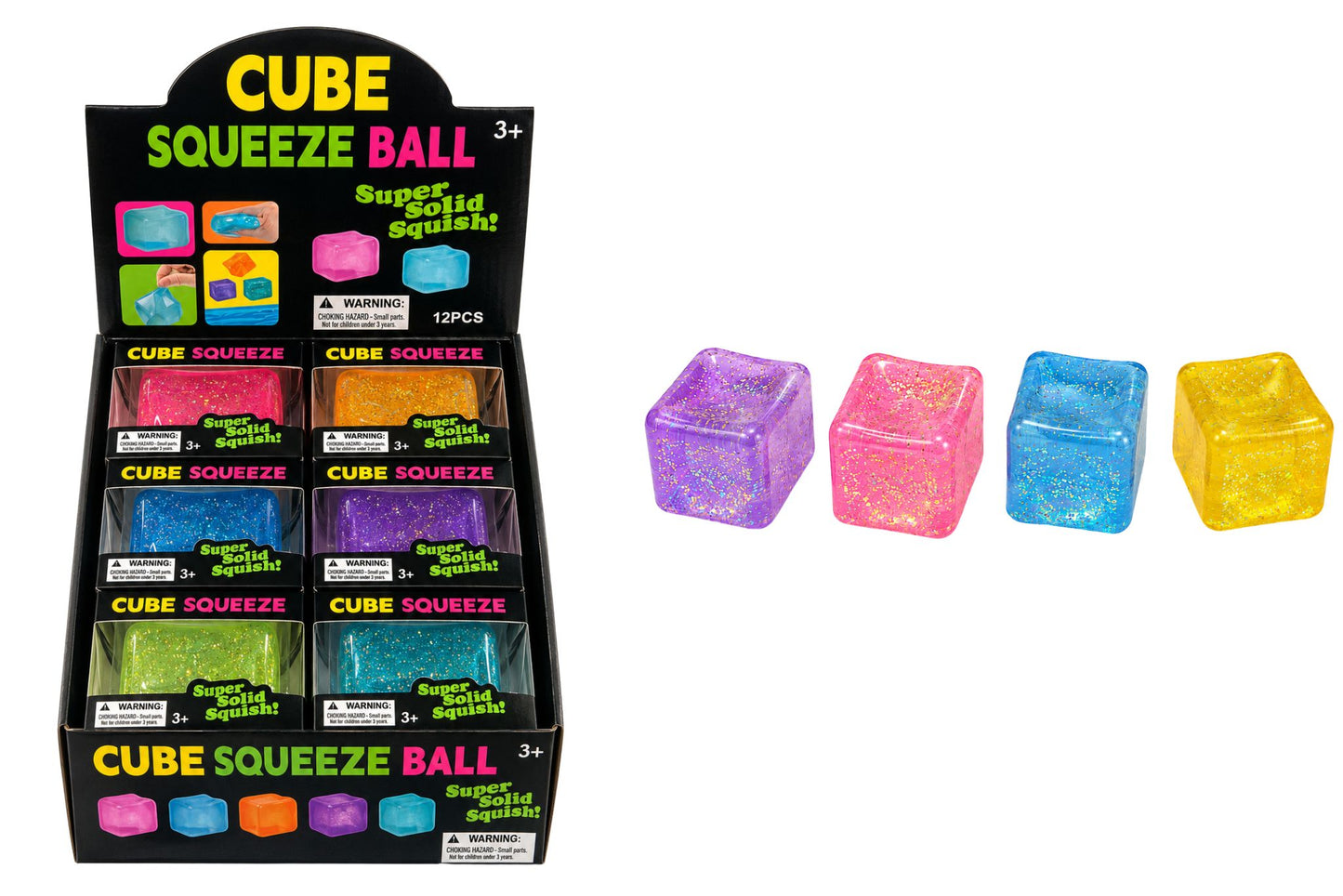 Squishy Glitter Clear Cube 6cm 4 Asstd PDQ