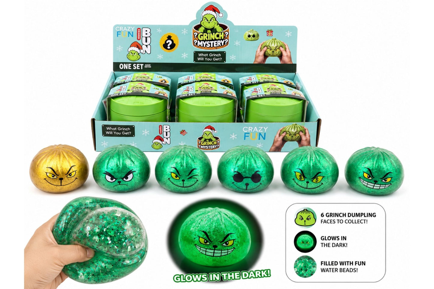 Squishy Grumpy Green Dumplings w/Beads Glow in the Dark 8.5cm PDQ