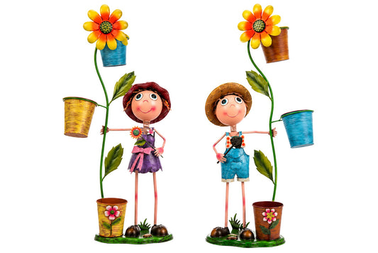 Metal Kids w/Sunflower Flowerpot 70x24cm 2 Asstd