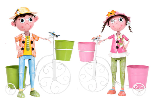 Metal Kids w/Bicycle Flowerpot 45x40cm 2 Asstd