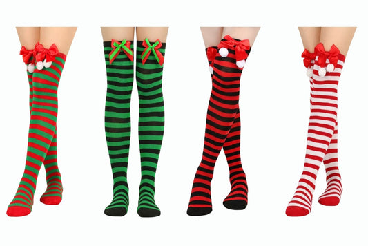 Xmas Socks Adult Striped w/Bow 4 Asstd