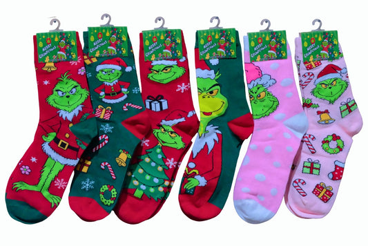 Xmas Socks Grumpy Green Kids 6 Asstd